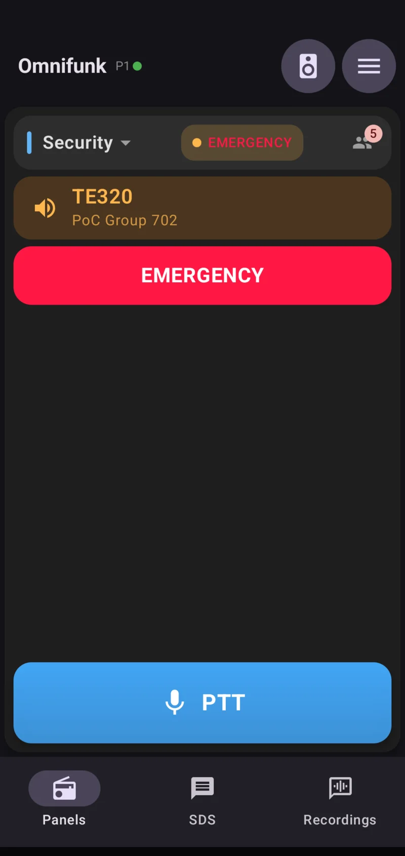 The Omnifunk App during an emergency call: the EMERGENCY badge on the Security channel, the red alert over the panel, and the TE320 terminal transmitting