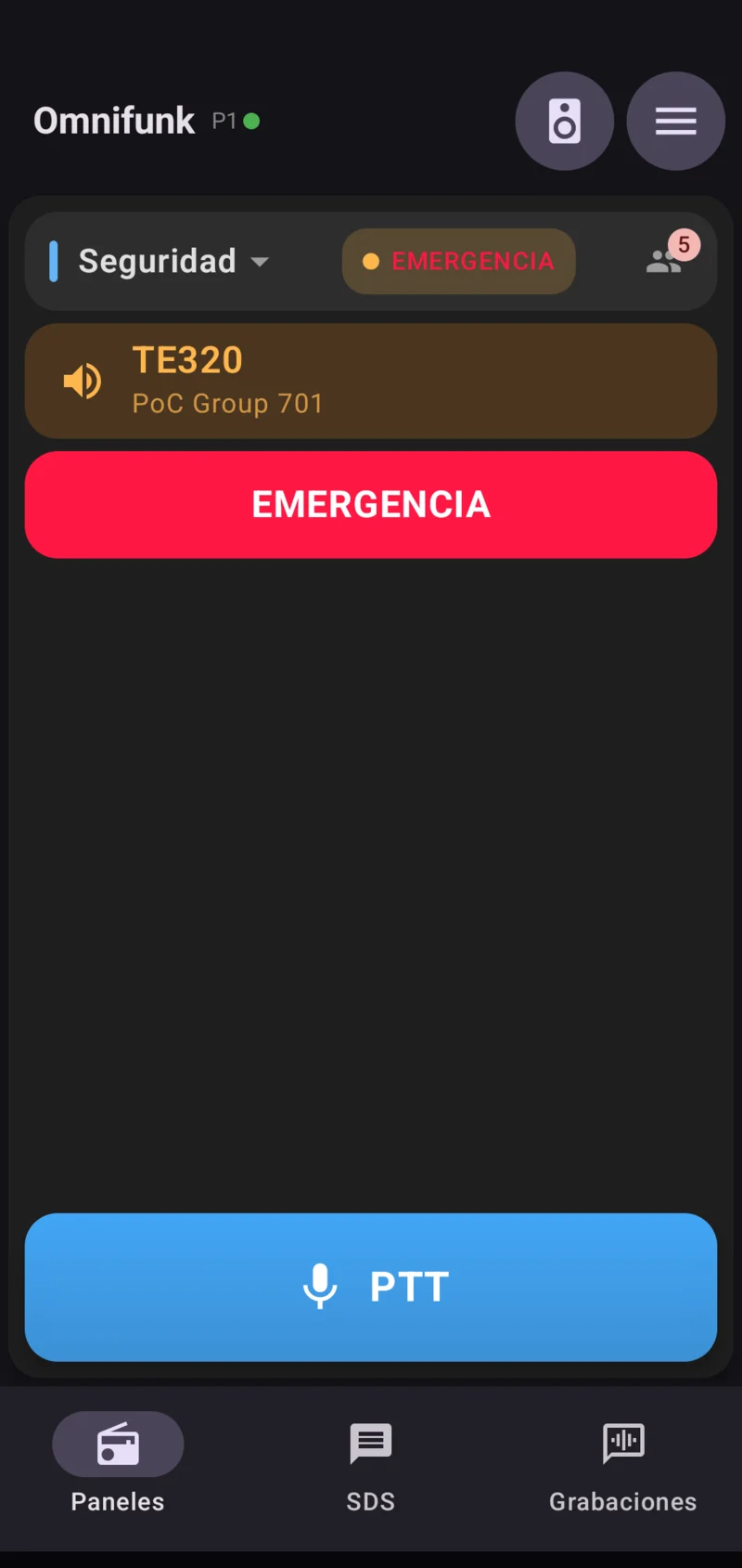 La App de Omnifunk durante una llamada de emergencia: la insignia EMERGENCIA en el canal Seguridad, la alerta roja sobre el panel y el terminal TE320 transmitiendo