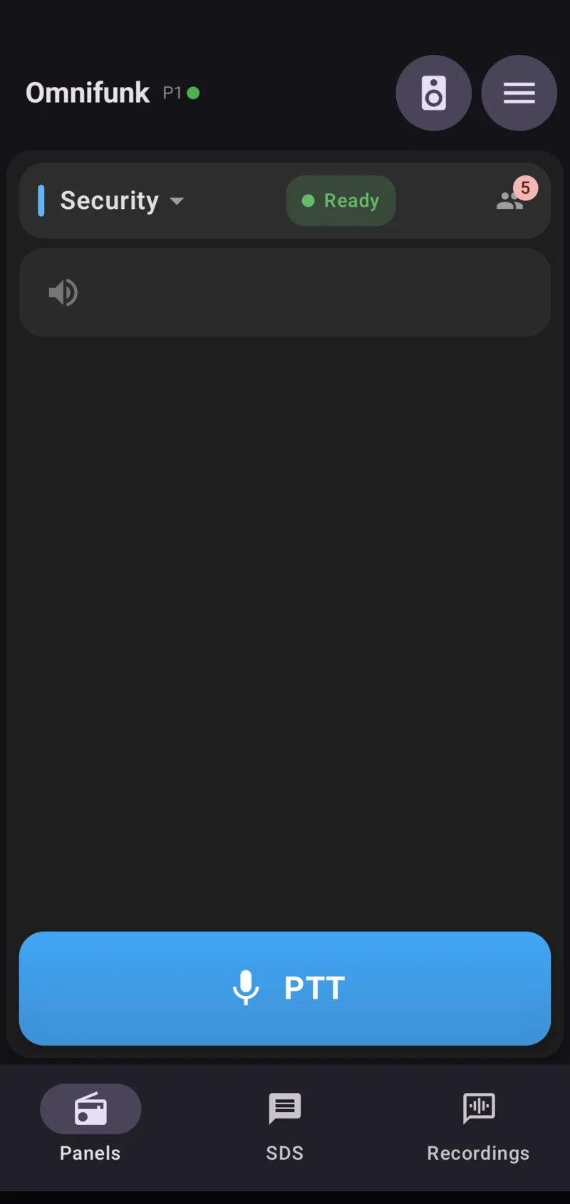 Main screen of the Omnifunk App: Security channel, Ready status, five participants connected, and the PTT button at the bottom