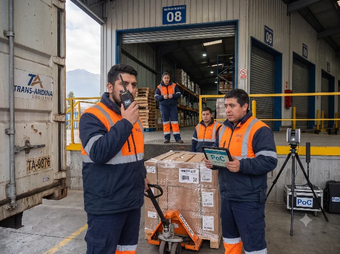 Operarios de un centro de distribución coordinando la carga de pallets junto a un camión en el andén de despacho