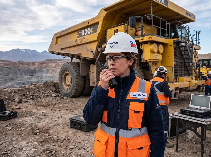 Supervisora con casco, lentes y chaleco reflectante hablando por radio en una faena minera a rajo abierto, junto a un camión de extracción y su cuadrilla