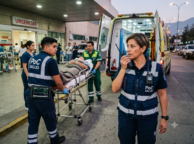 Equipo de urgencias trasladando una camilla desde una ambulancia con las puertas abiertas, coordinando por radio