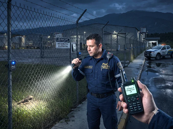 Guardia de seguridad en ronda nocturna por el perímetro de una instalación, con linterna y radio en mano