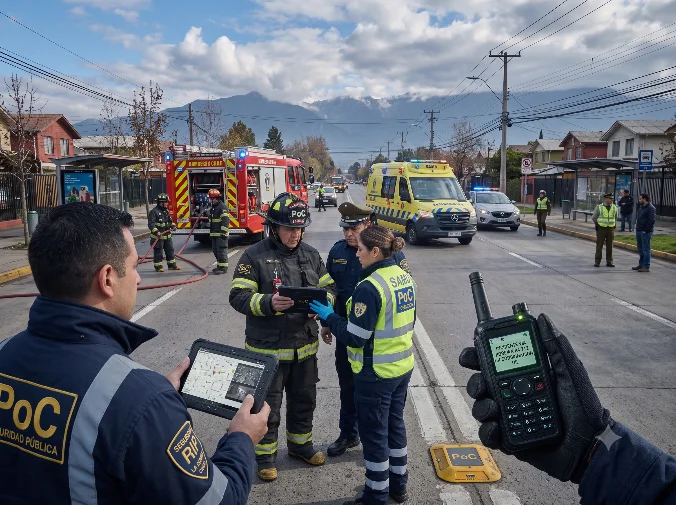 Personal de emergencia coordinando en terreno junto a vehículos de bomberos y ambulancia en un incidente en la vía pública