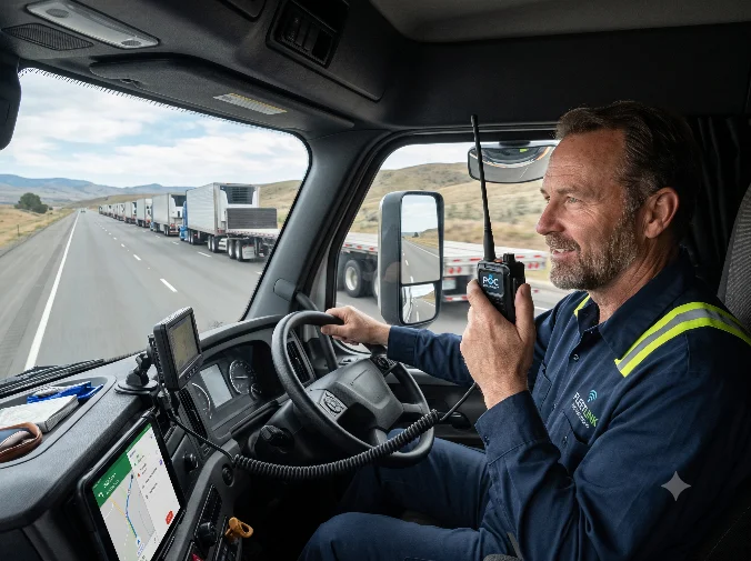 Conductor de camión de carga en ruta hablando por un terminal de radio desde la cabina, con la flota detrás en la carretera