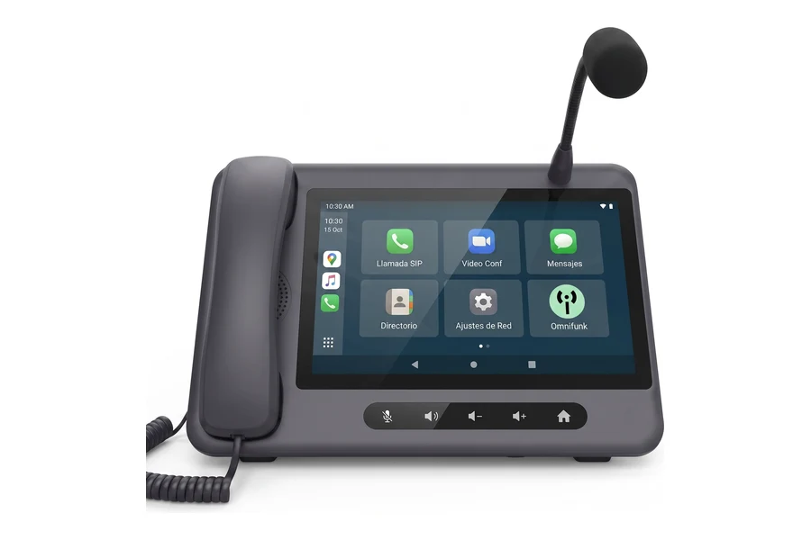 Consola IP de escritorio con auricular, micrófono de cuello de ganso y pantalla táctil mostrando la App de Omnifunk