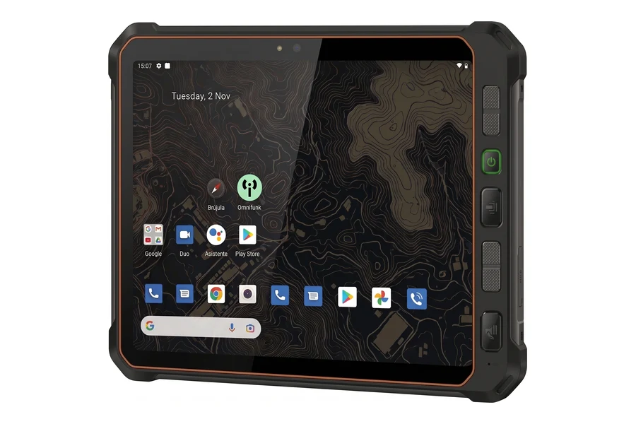 Tablet rugerizada Android con la App de Omnifunk en la pantalla de inicio