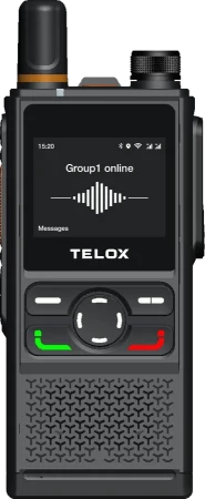 Terminal PoC Telox TE320 visto de frente, con pantalla a color, teclado y antena